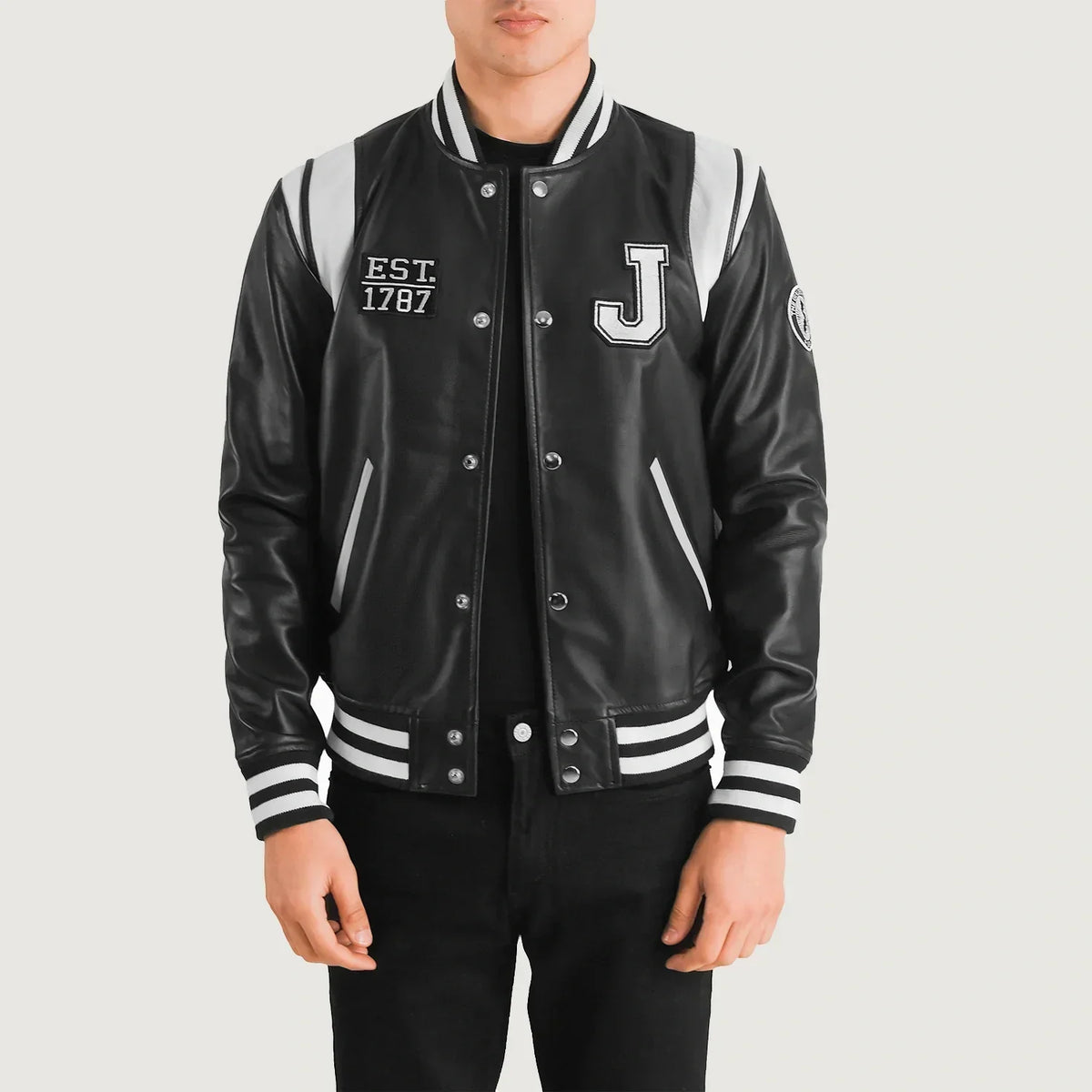 Liberte New Jersey Black Leather Varsity Jacket - men's jacket in black sheepskin leather, view 1