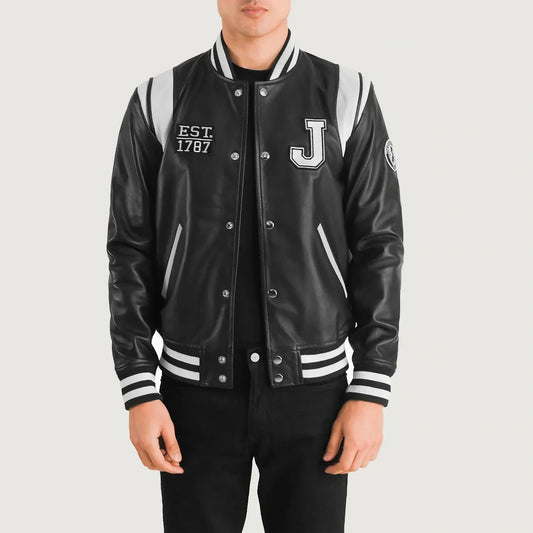 Liberte New Jersey Black Leather Varsity Jacket - men's jacket in black sheepskin leather, view 1