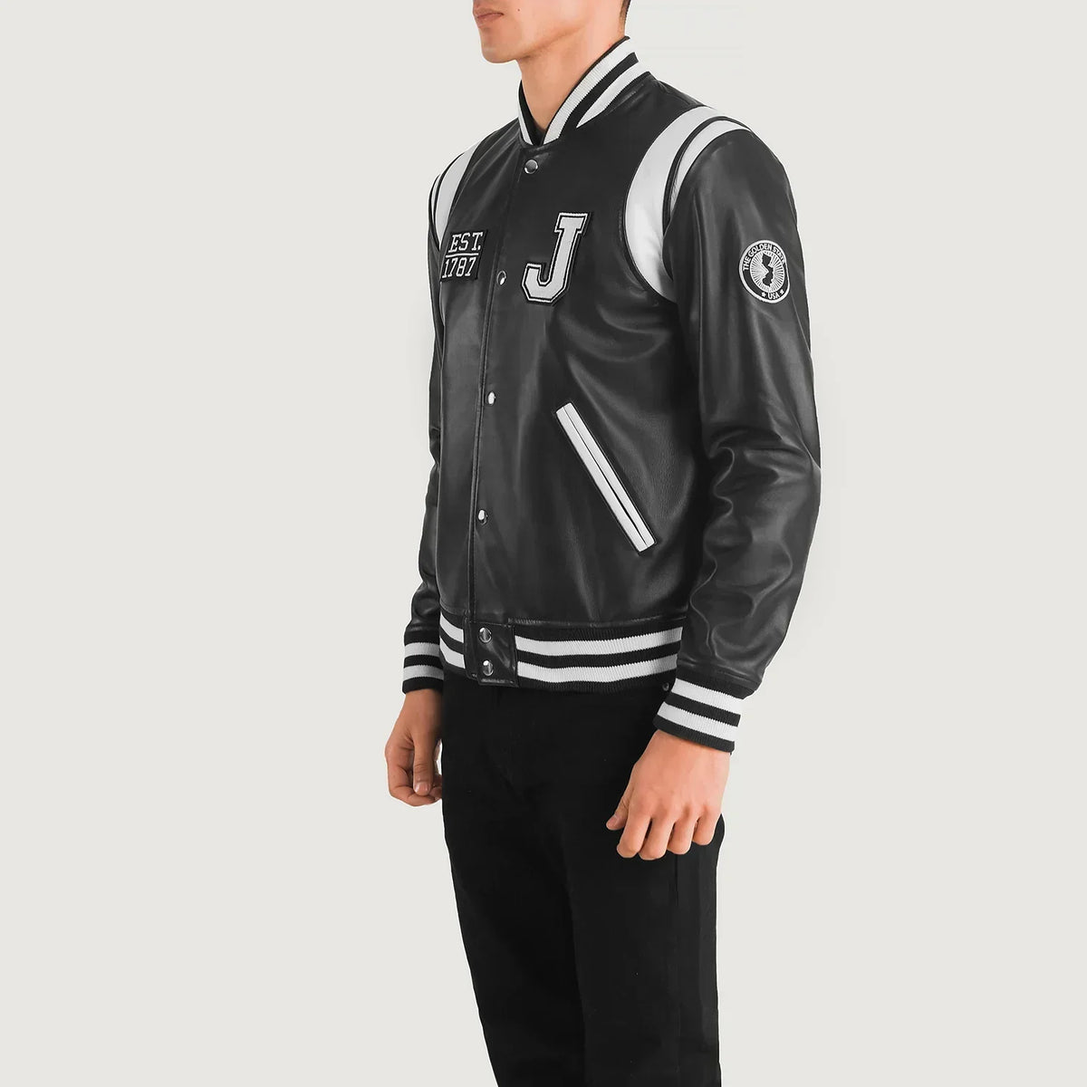 Liberte New Jersey Black Leather Varsity Jacket - men's jacket in black sheepskin leather, view 2