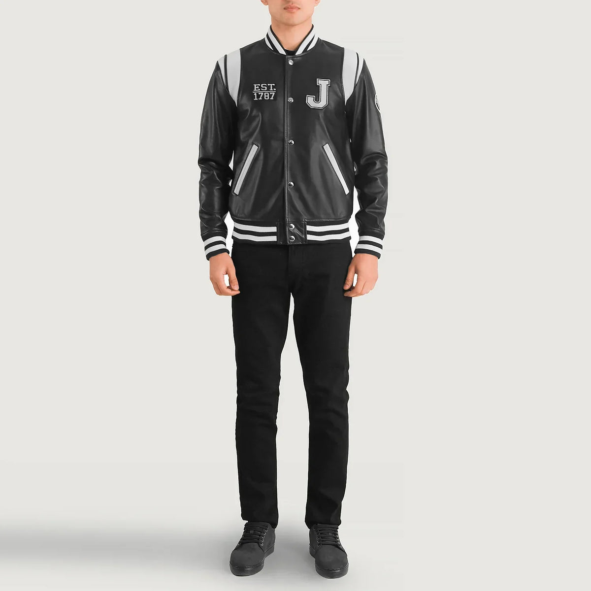 Liberte New Jersey Black Leather Varsity Jacket - men's jacket in black sheepskin leather, view 3