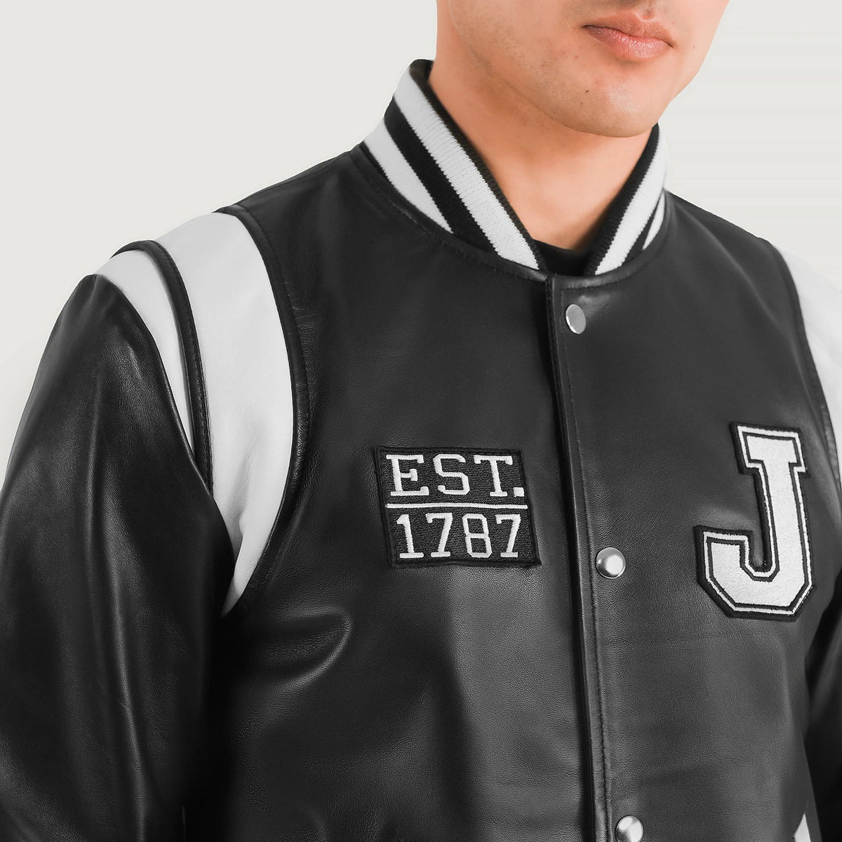 Liberte New Jersey Black Leather Varsity Jacket - men's jacket in black sheepskin leather, view 4