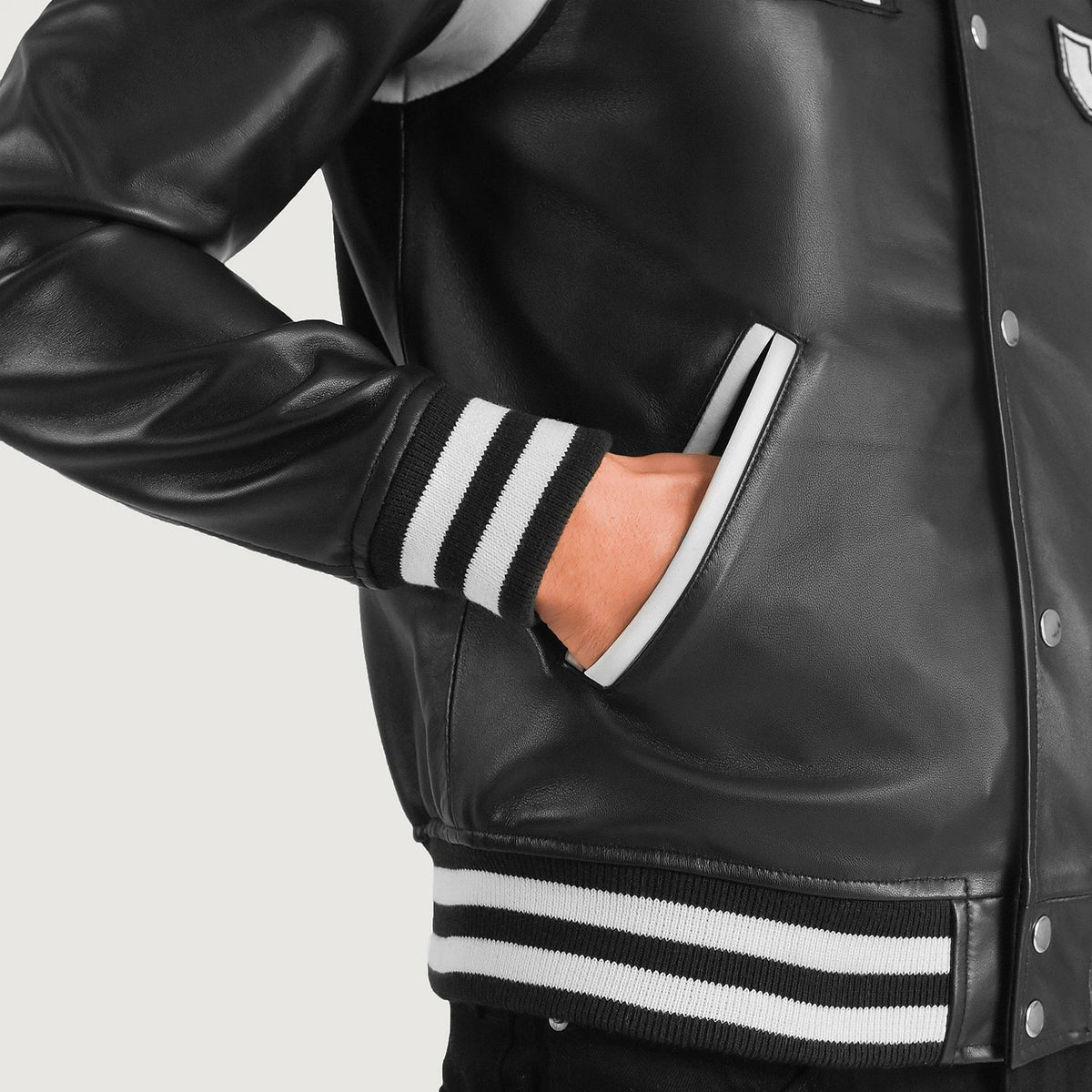 Liberte New Jersey Black Leather Varsity Jacket - men's jacket in black sheepskin leather, view 6
