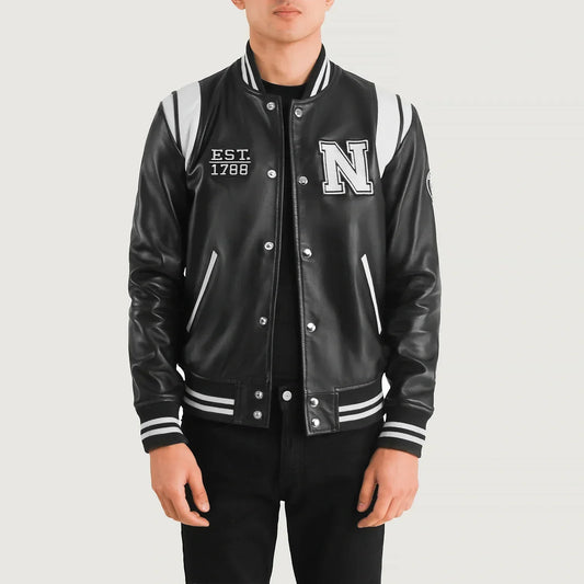 Liberte New York Black Leather Varsity Jacket - men's jacket in black sheepskin leather, view 1