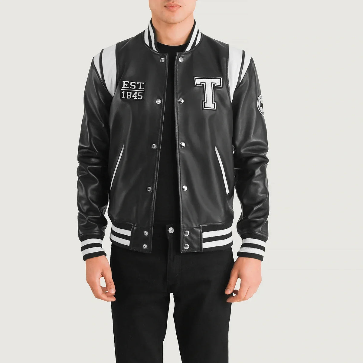 Liberte Texas Black Leather Varsity Jacket - men's jacket in black sheepskin leather, view 1