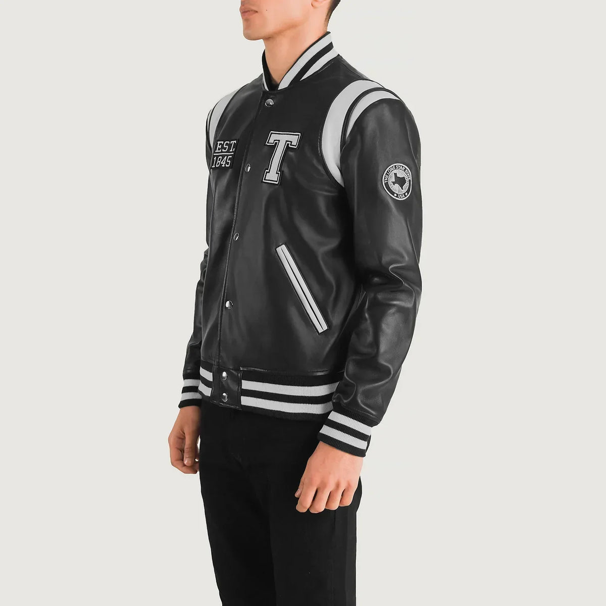 Liberte Texas Black Leather Varsity Jacket - men's jacket in black sheepskin leather, view 2