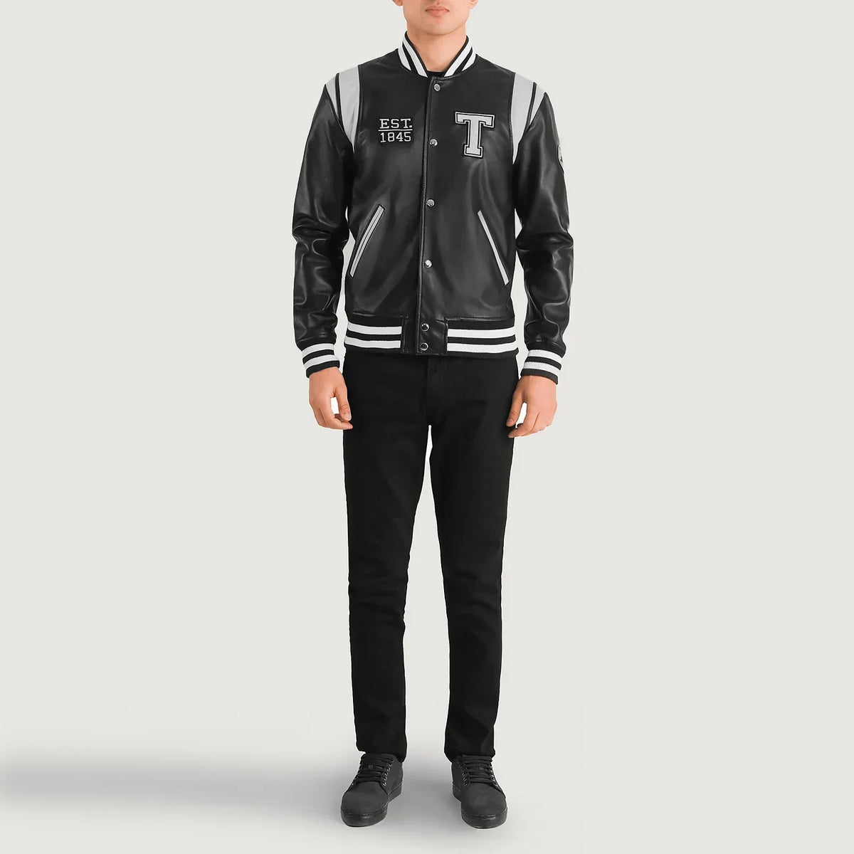 Liberte Texas Black Leather Varsity Jacket - men's jacket in black sheepskin leather, view 3