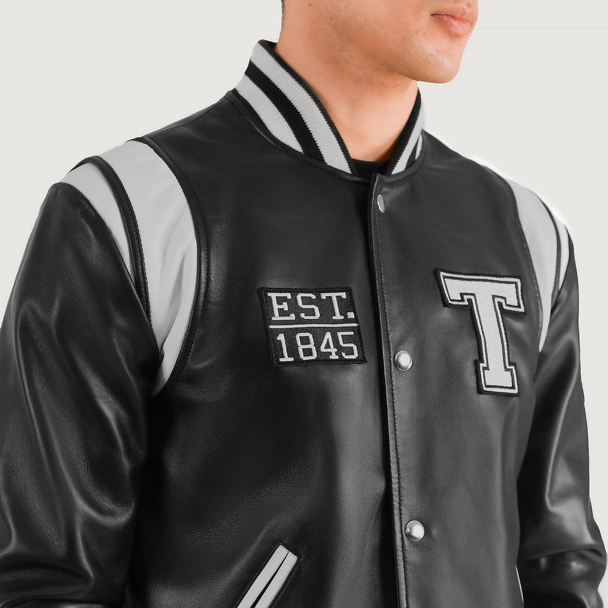 Liberte Texas Black Leather Varsity Jacket - men's jacket in black sheepskin leather, view 4