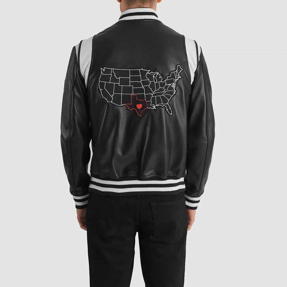 Liberte Texas Black Leather Varsity Jacket - men's jacket in black sheepskin leather, view 5
