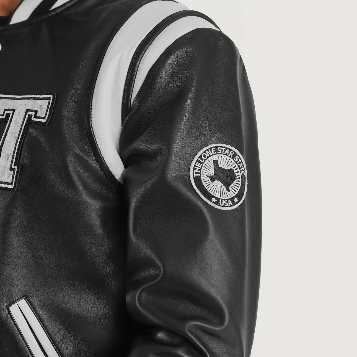 Liberte Texas Black Leather Varsity Jacket - men's jacket in black sheepskin leather, view 6