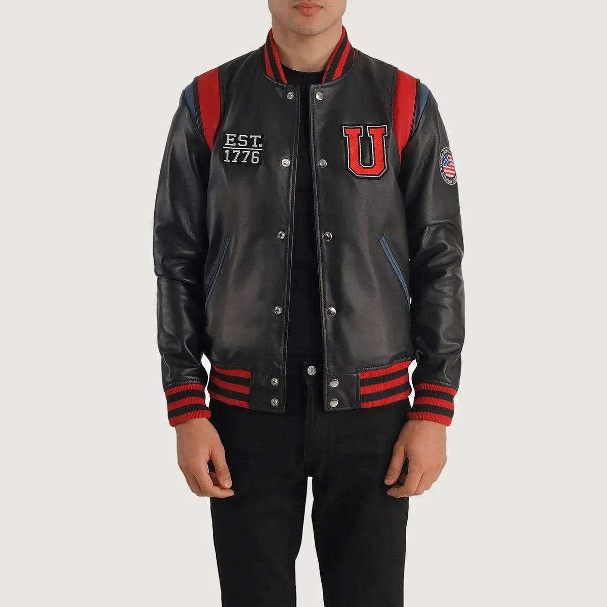 Liberte USA Black Leather Varsity Jacket - men's jacket in black sheepskin leather, view 1