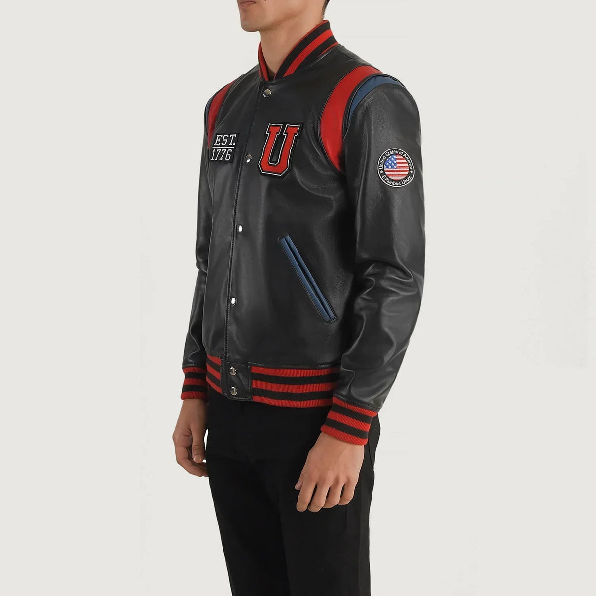 Liberte USA Black Leather Varsity Jacket - men's jacket in black sheepskin leather, view 2