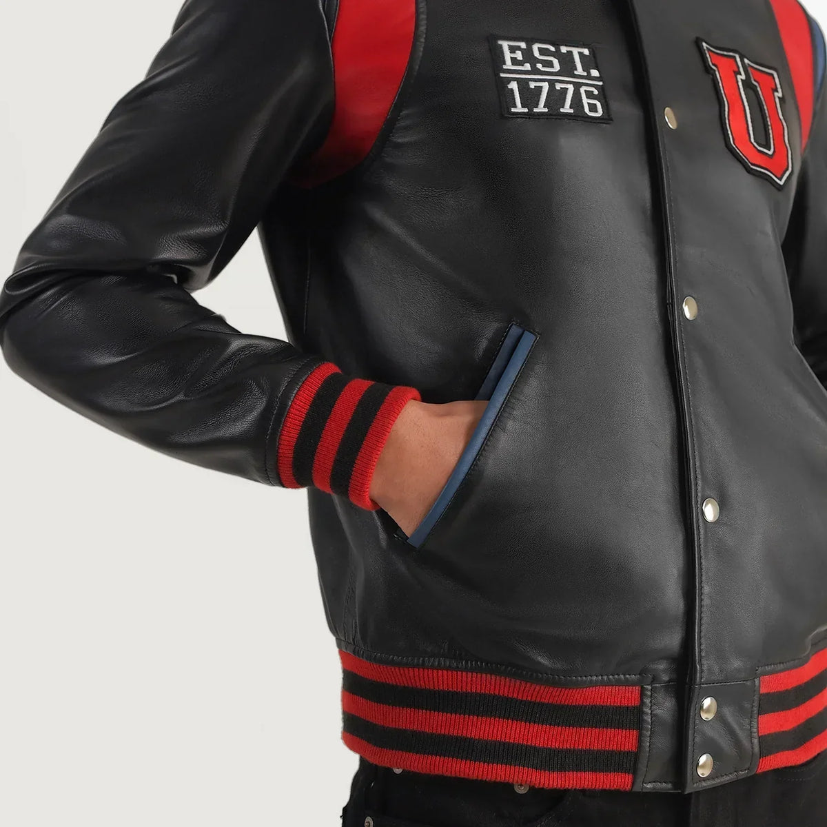 Liberte USA Black Leather Varsity Jacket - men's jacket in black sheepskin leather, view 4