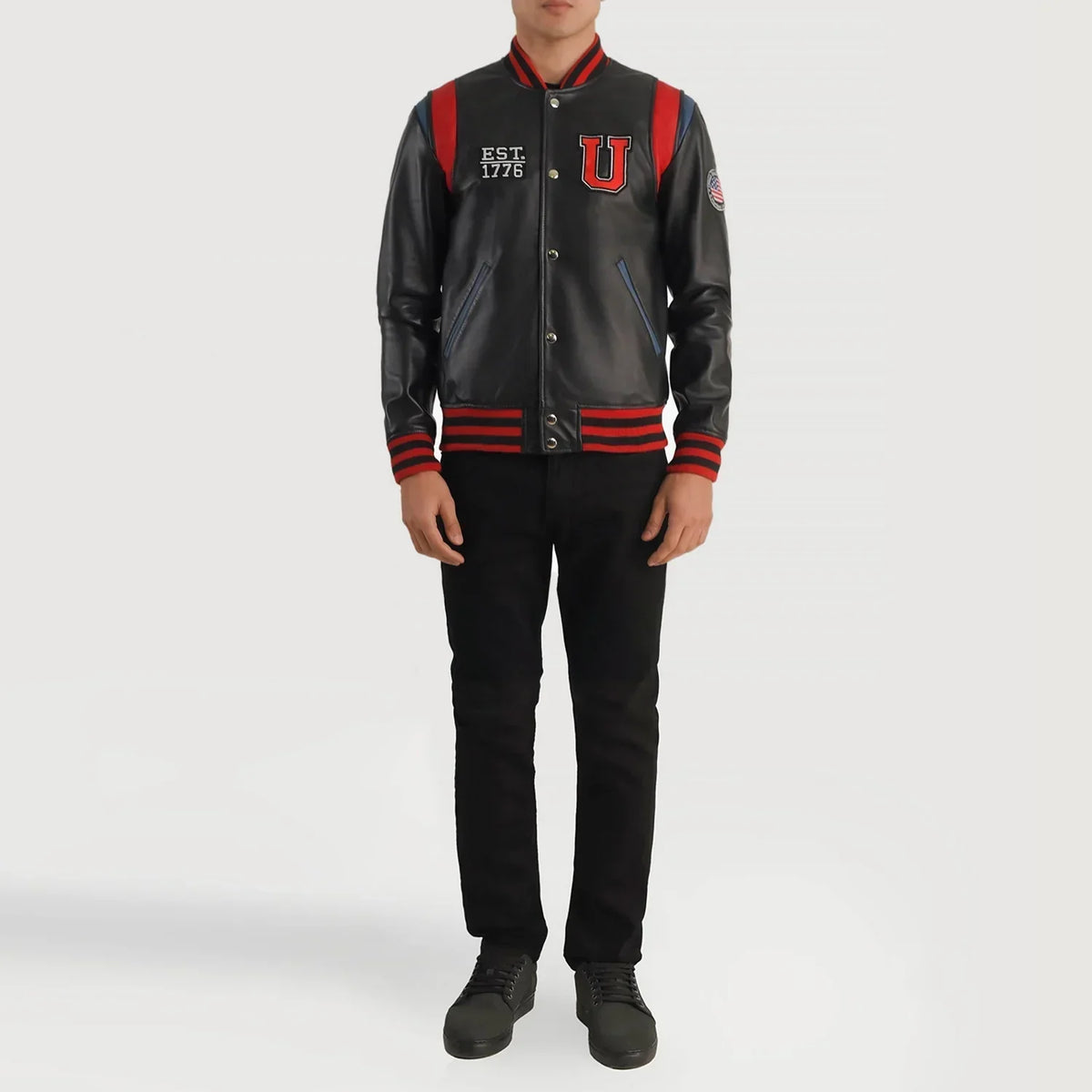 Liberte USA Black Leather Varsity Jacket - men's jacket in black sheepskin leather, view 5