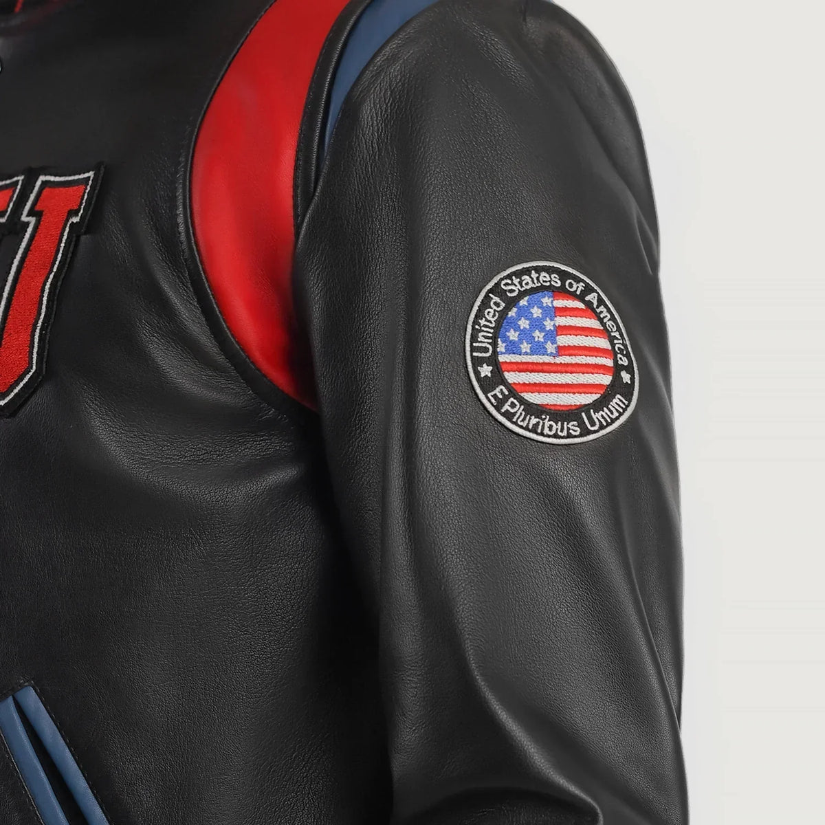Liberte USA Black Leather Varsity Jacket - men's jacket in black sheepskin leather, view 6