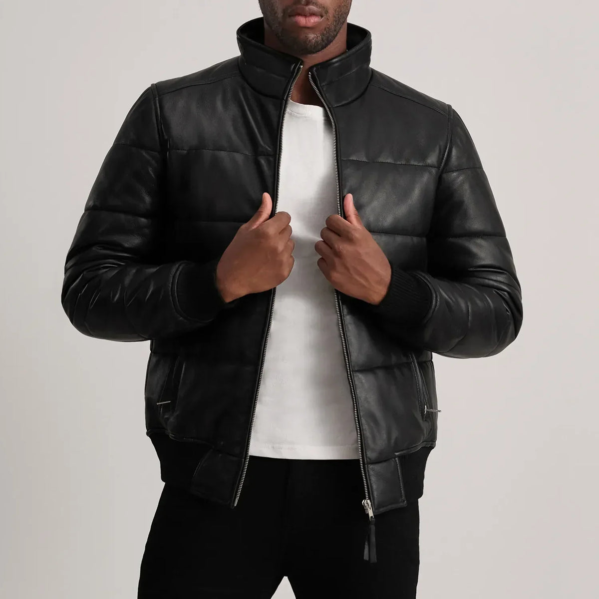 Lucas Black Leather Puffer Bomber Jacket - men's jacket in black sheepskin leather, view 1