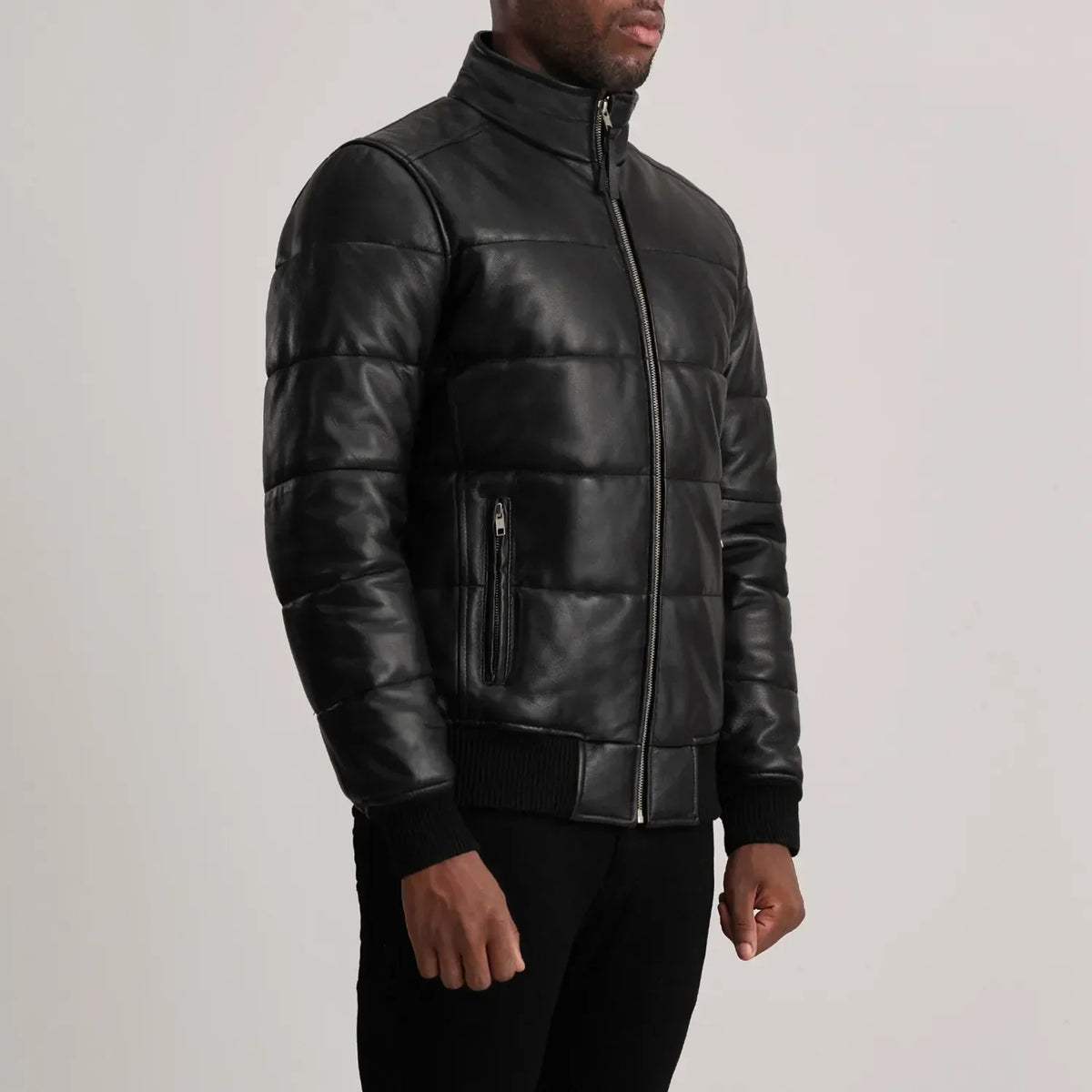 Lucas Black Leather Puffer Bomber Jacket - men's jacket in black sheepskin leather, view 2