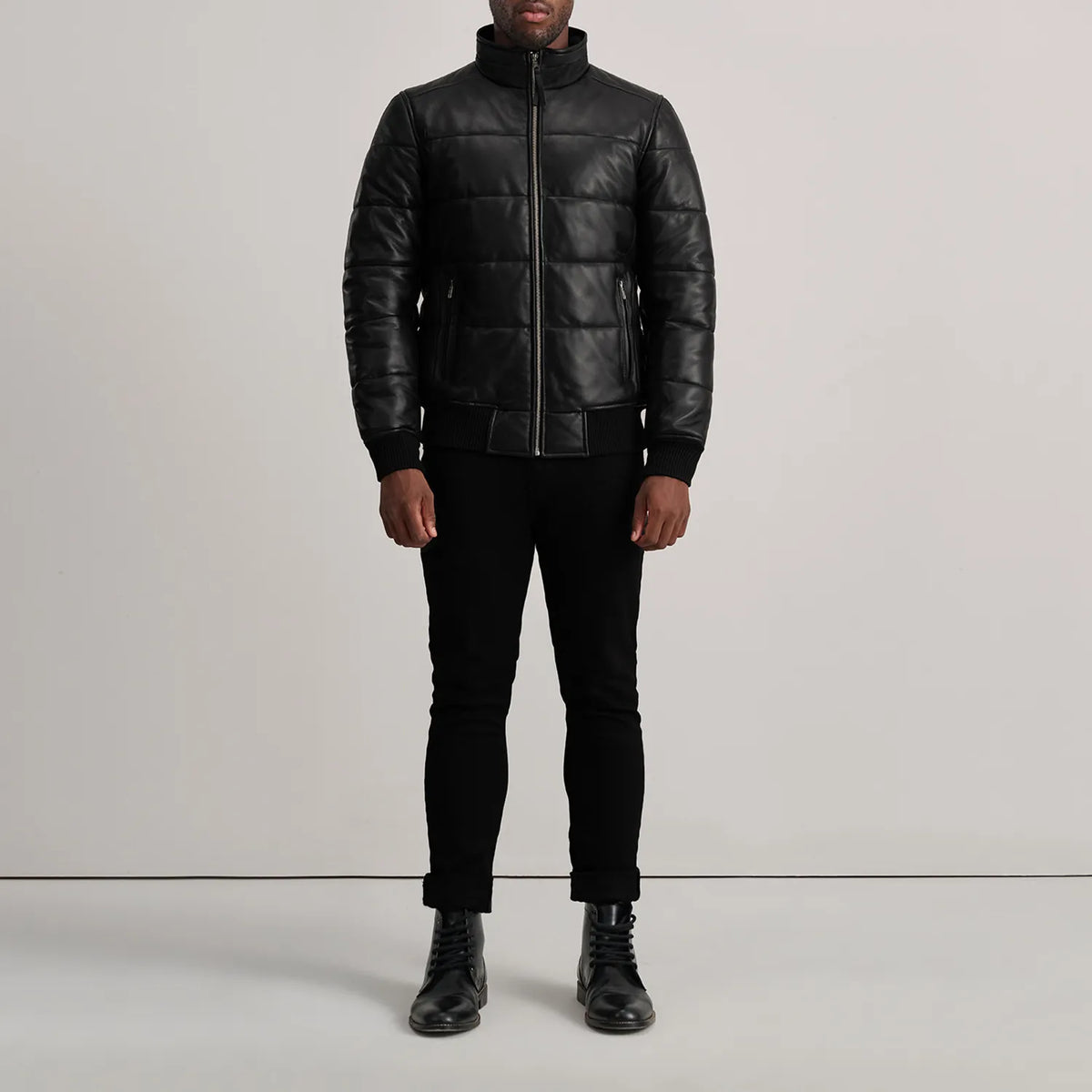Lucas Black Leather Puffer Bomber Jacket - men's jacket in black sheepskin leather, view 3