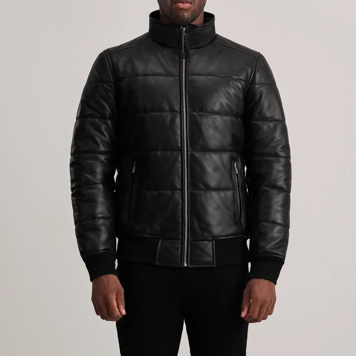 Lucas Black Leather Puffer Bomber Jacket - men's jacket in black sheepskin leather, view 4
