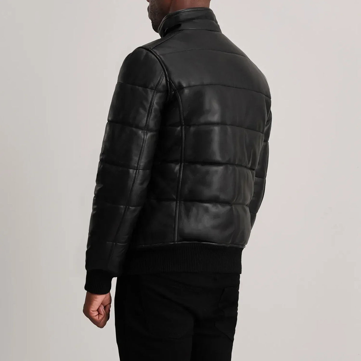 Lucas Black Leather Puffer Bomber Jacket - men's jacket in black sheepskin leather, view 5