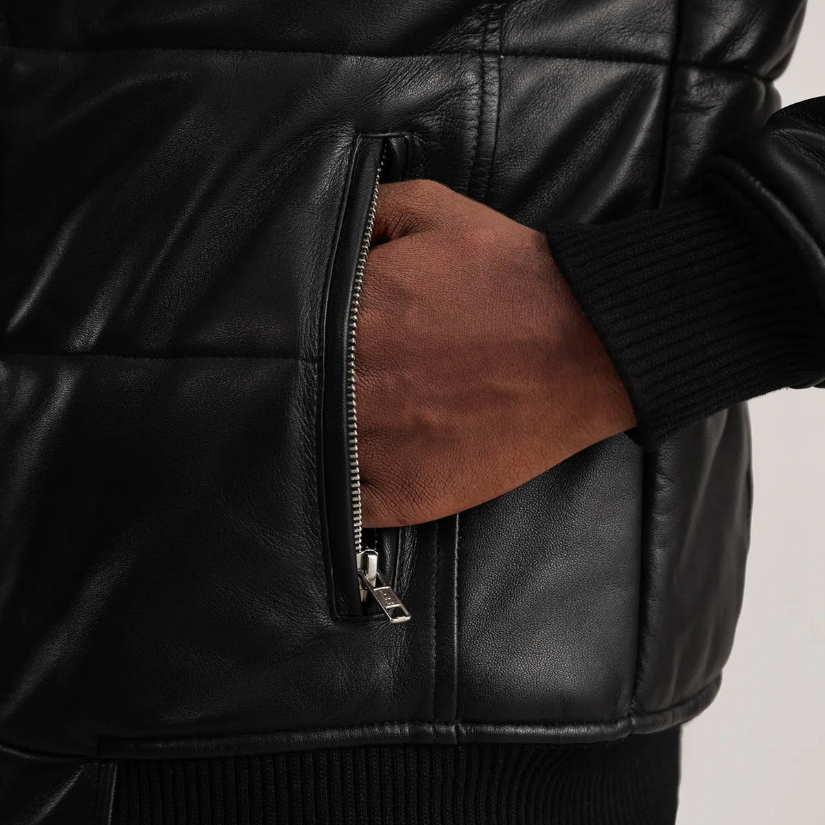 Lucas Black Leather Puffer Bomber Jacket - men's jacket in black sheepskin leather, view 6