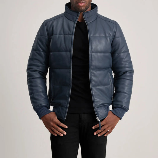 Lucas Blue Leather Puffer Bomber Jacket - men's jacket in blue sheepskin leather, view 1