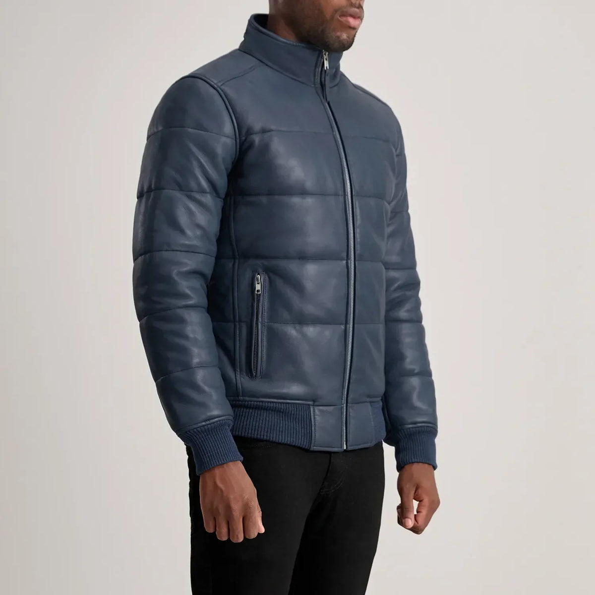 Lucas Blue Leather Puffer Bomber Jacket - men's jacket in blue sheepskin leather, view 2