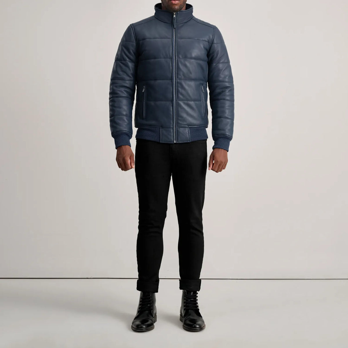 Lucas Blue Leather Puffer Bomber Jacket - men's jacket in blue sheepskin leather, view 3