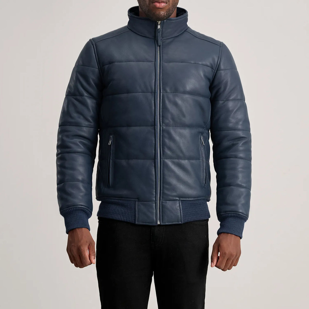 Lucas Blue Leather Puffer Bomber Jacket - men's jacket in blue sheepskin leather, view 4