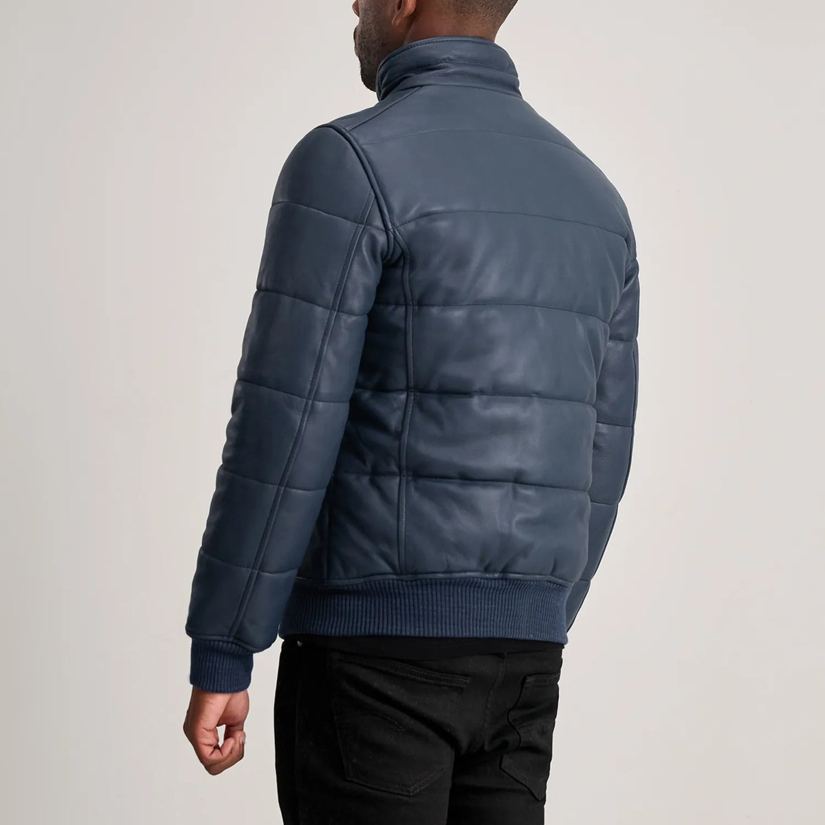 Lucas Blue Leather Puffer Bomber Jacket - men's jacket in blue sheepskin leather, view 5