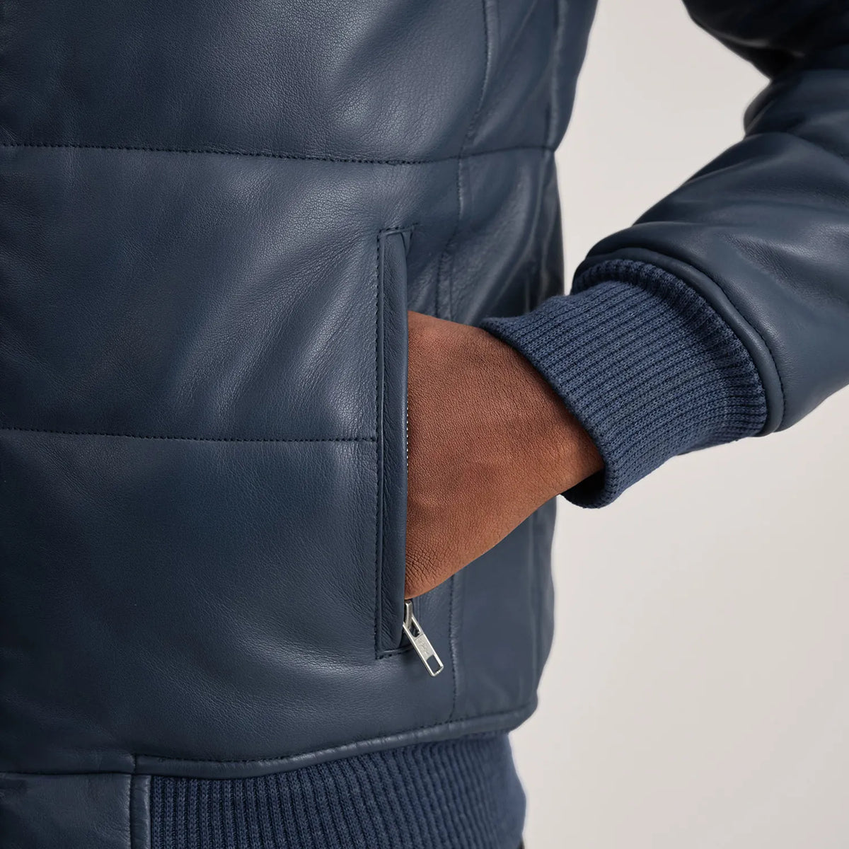 Lucas Blue Leather Puffer Bomber Jacket - men's jacket in blue sheepskin leather, view 6