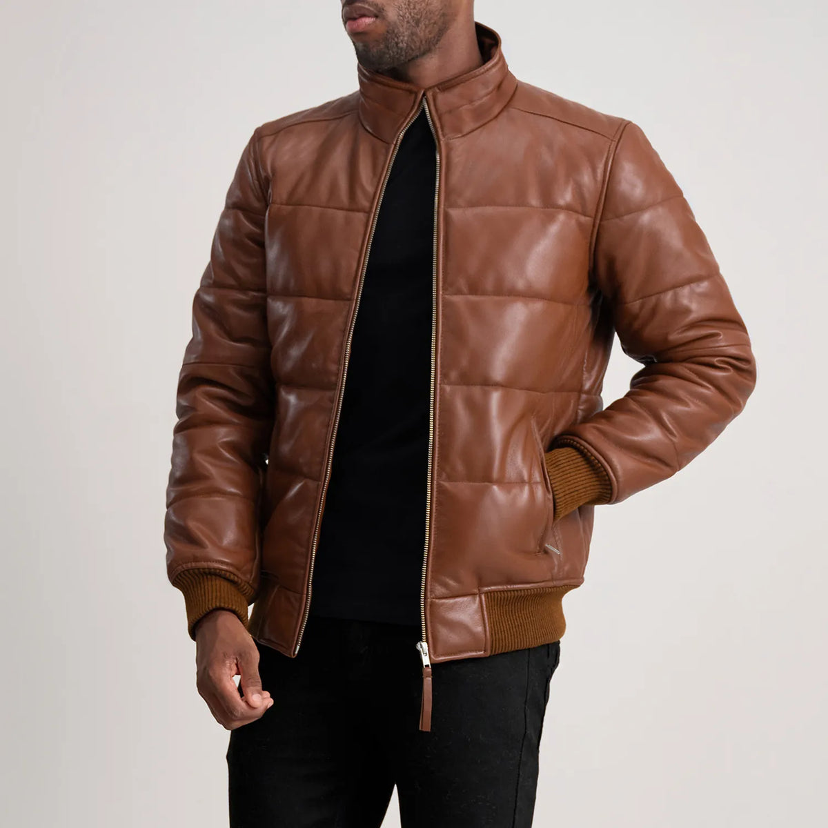 Lucas Brown Leather Puffer Bomber Jacket - men's jacket in brown sheepskin leather, view 1