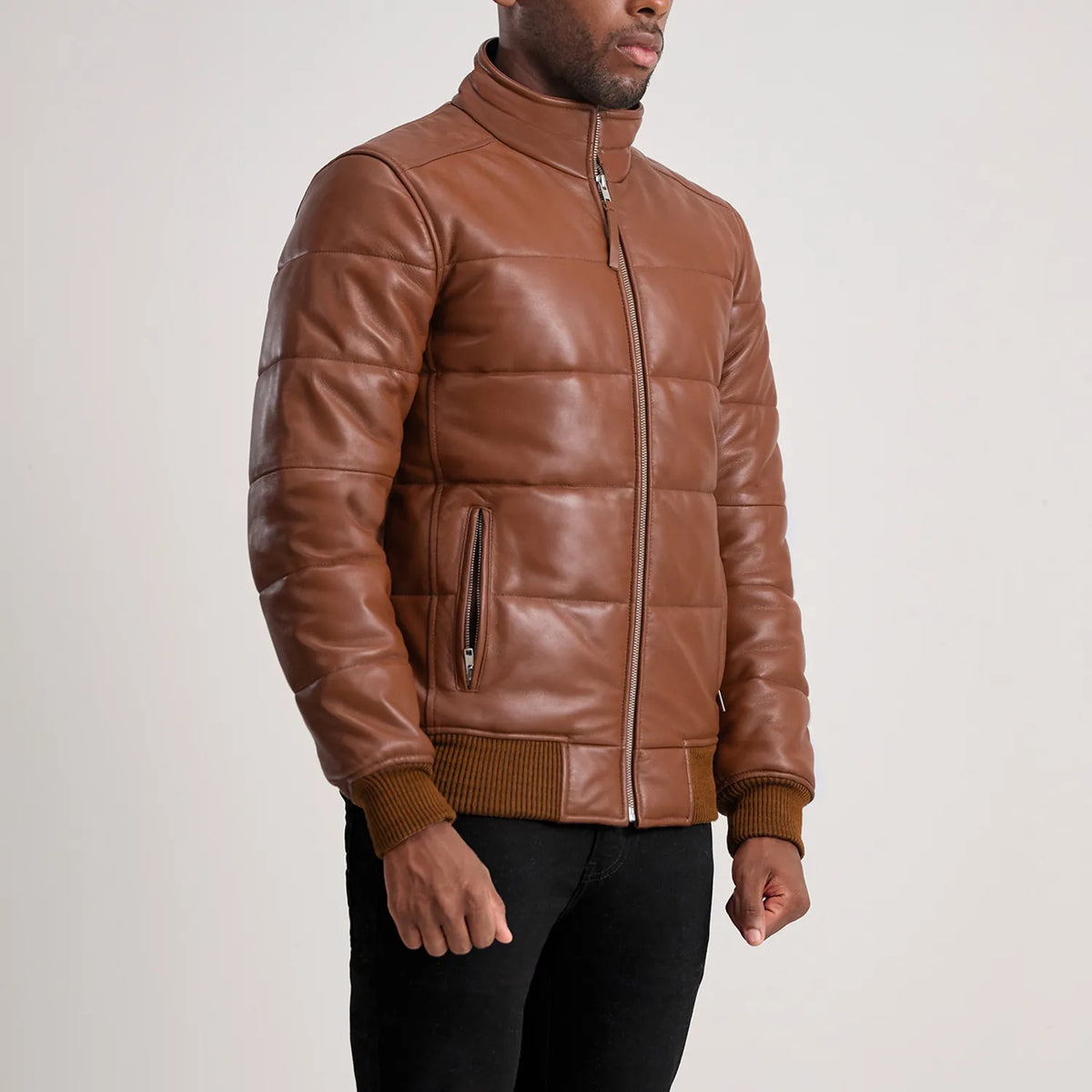 Lucas Brown Leather Puffer Bomber Jacket - men's jacket in brown sheepskin leather, view 2