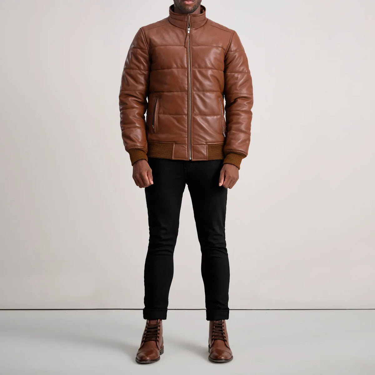 Lucas Brown Leather Puffer Bomber Jacket - men's jacket in brown sheepskin leather, view 3