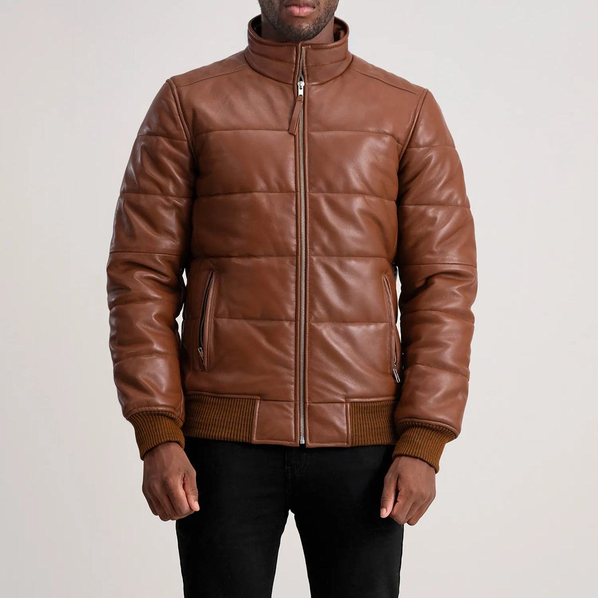Lucas Brown Leather Puffer Bomber Jacket - men's jacket in brown sheepskin leather, view 4