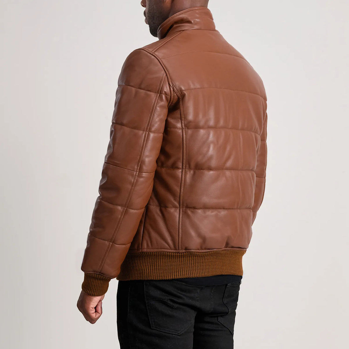Lucas Brown Leather Puffer Bomber Jacket - men's jacket in brown sheepskin leather, view 5