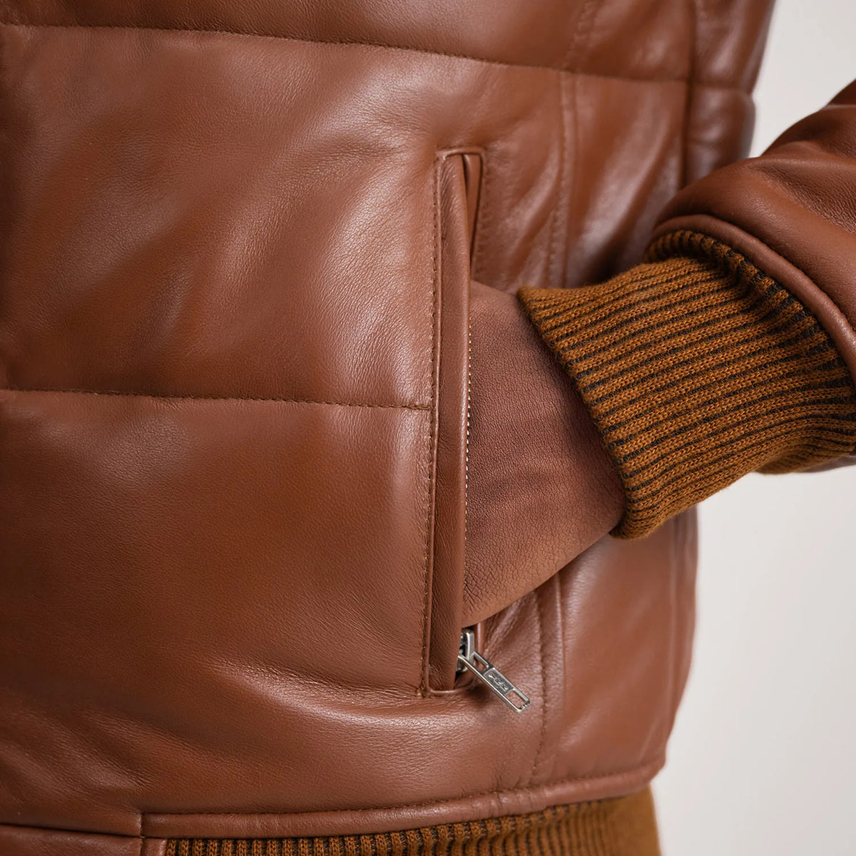 Lucas Brown Leather Puffer Bomber Jacket - men's jacket in brown sheepskin leather, view 6