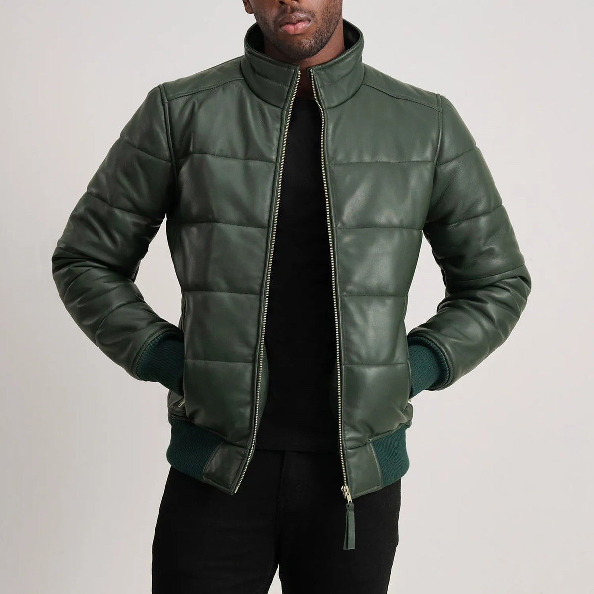 Lucas Green Leather Puffer Bomber Jacket - men's jacket in green sheepskin leather, view 1