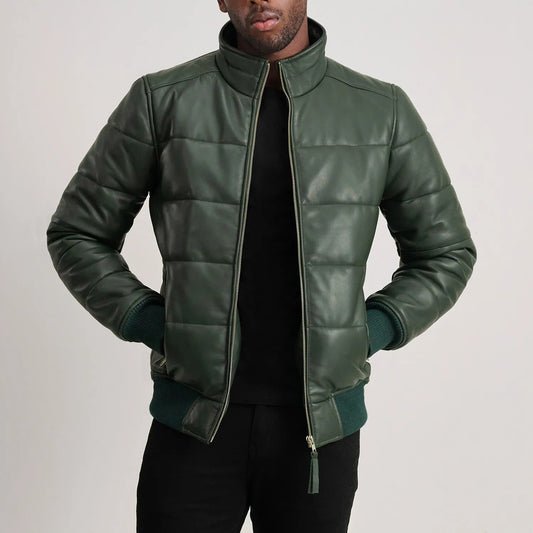 Lucas Green Leather Puffer Bomber Jacket - men's jacket in green sheepskin leather, view 1