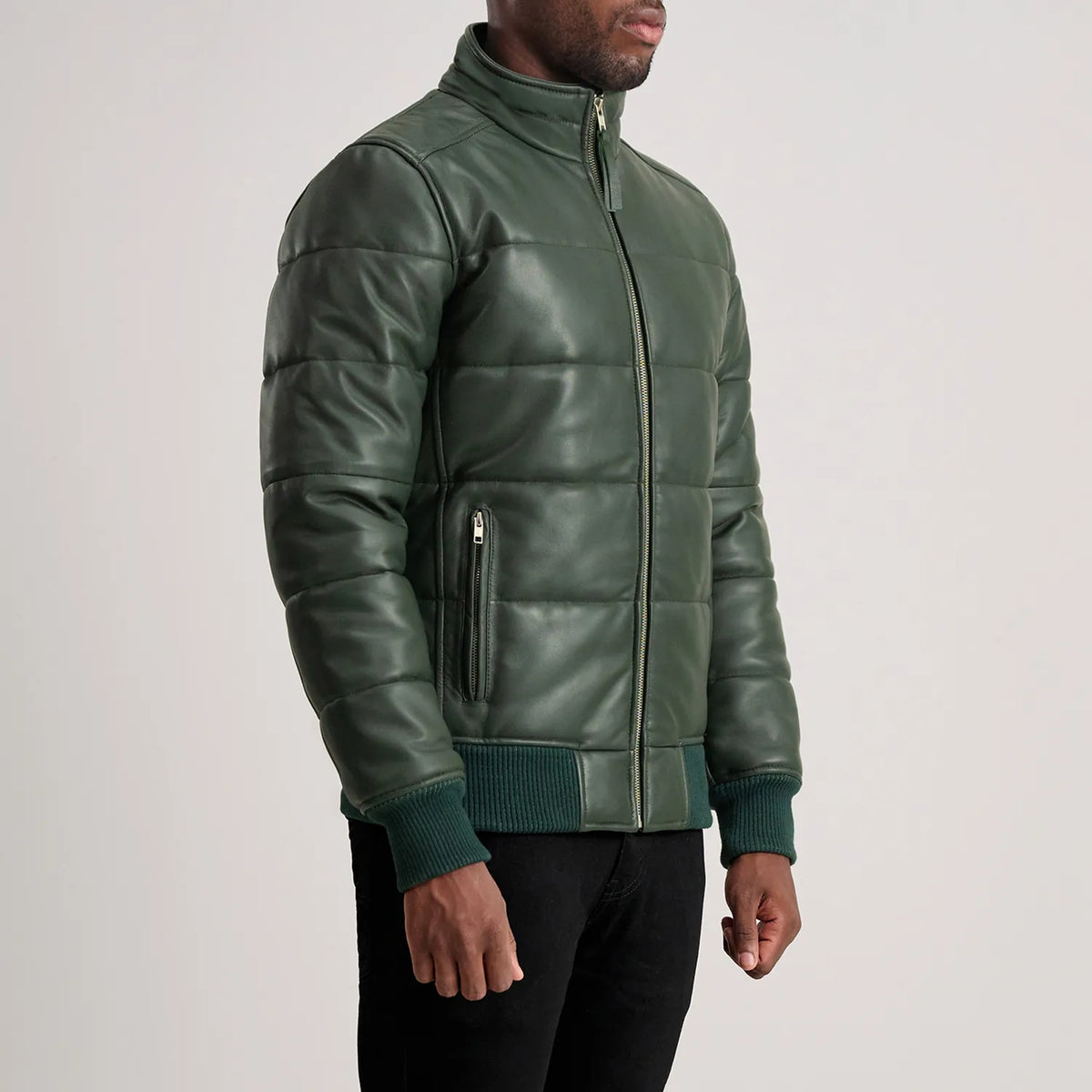 Lucas Green Leather Puffer Bomber Jacket - men's jacket in green sheepskin leather, view 2
