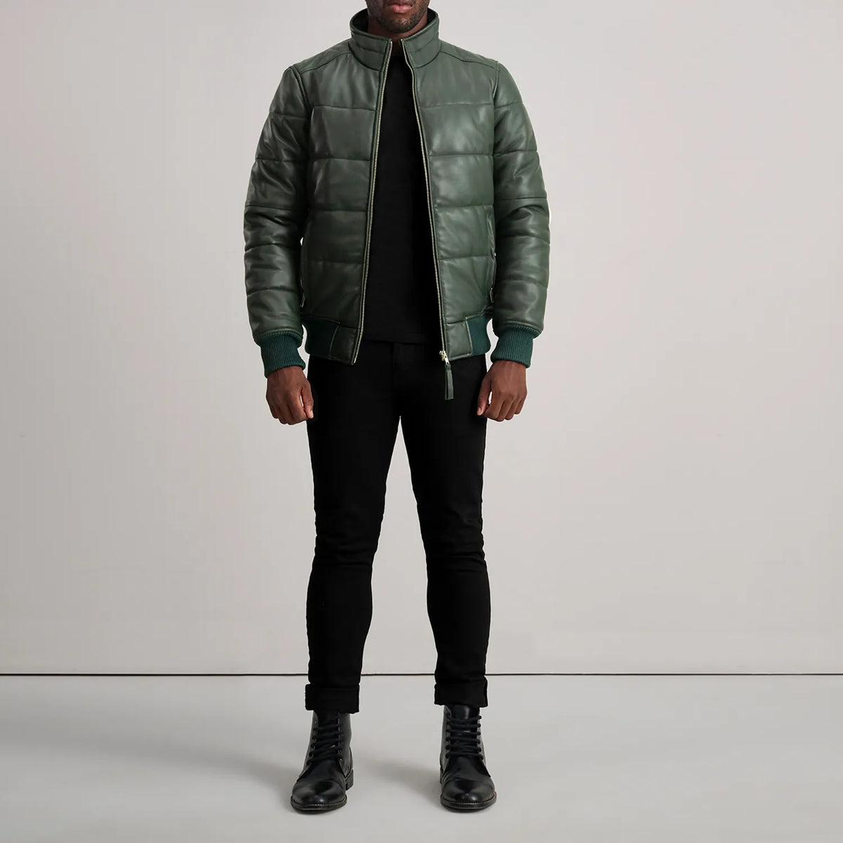 Lucas Green Leather Puffer Bomber Jacket - men's jacket in green sheepskin leather, view 3