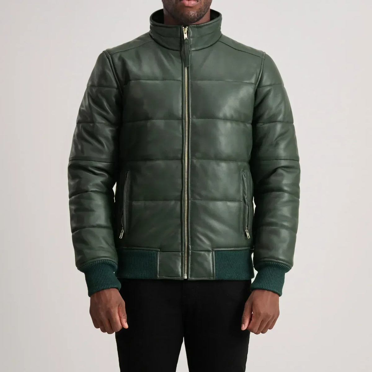 Lucas Green Leather Puffer Bomber Jacket - men's jacket in green sheepskin leather, view 4