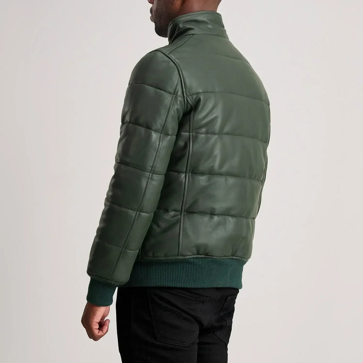 Lucas Green Leather Puffer Bomber Jacket - men's jacket in green sheepskin leather, view 5