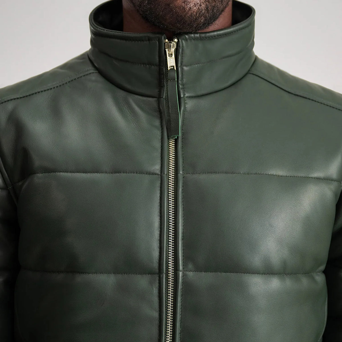 Lucas Green Leather Puffer Bomber Jacket - men's jacket in green sheepskin leather, view 6