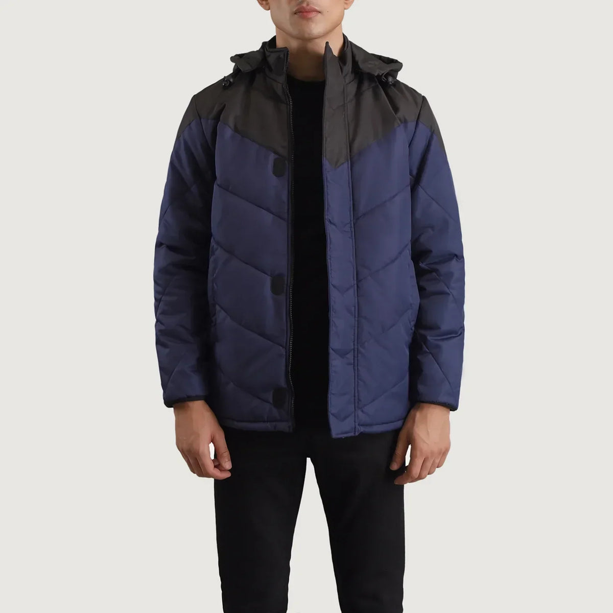 Luka Black & Blue Hooded Puffer Jacket - men's jacket in black & blue nylon-polyester fabric, view 1