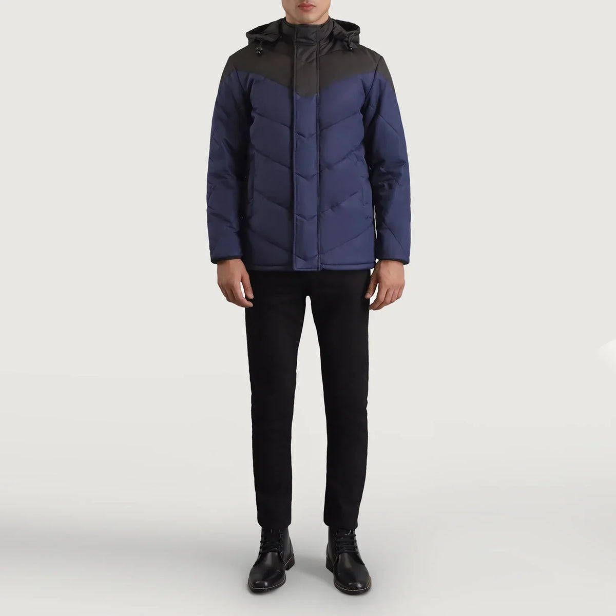 Luka Black & Blue Hooded Puffer Jacket - men's jacket in black & blue nylon-polyester fabric, view 3