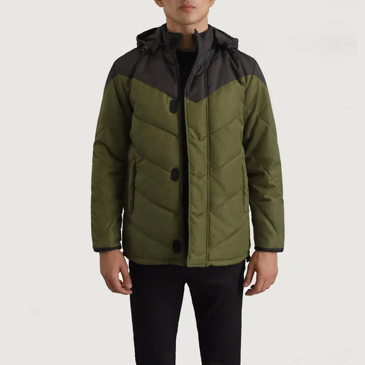 Luka Black & Green Hooded Puffer Jacket - men's jacket in black & green nylon-polyester fabric, view 1