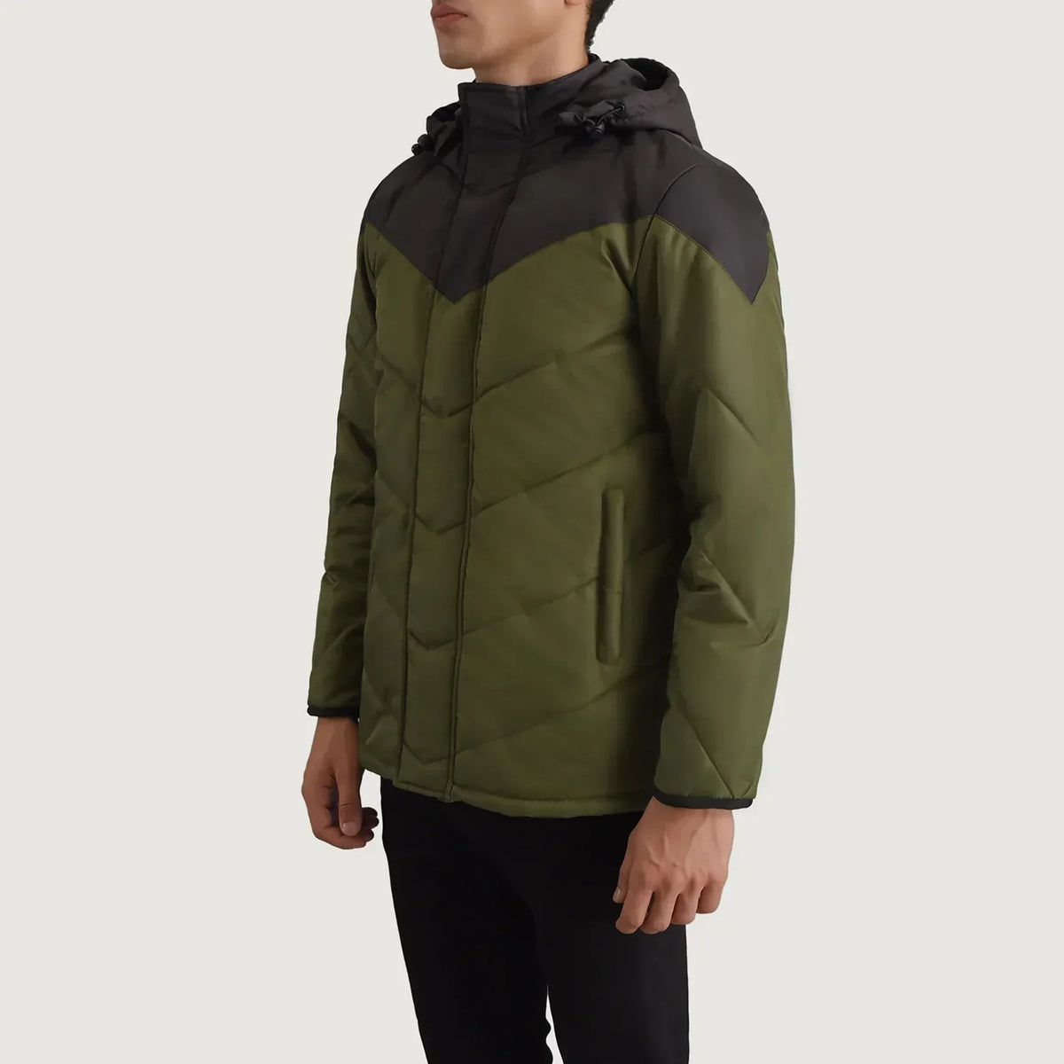 Luka Black & Green Hooded Puffer Jacket - men's jacket in black & green nylon-polyester fabric, view 2