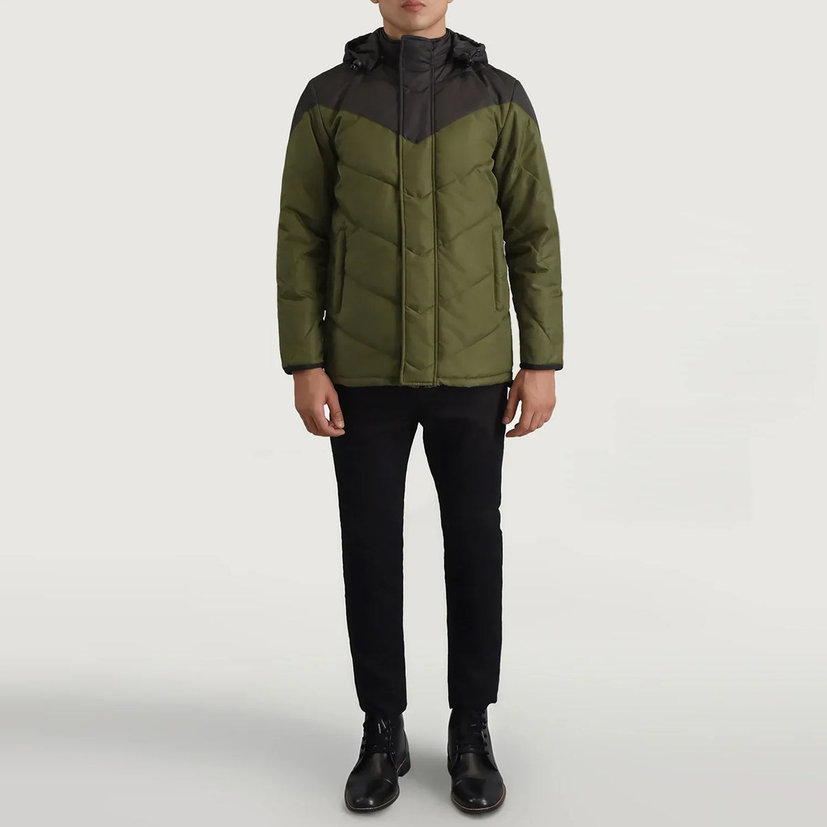 Luka Black & Green Hooded Puffer Jacket - men's jacket in black & green nylon-polyester fabric, view 3