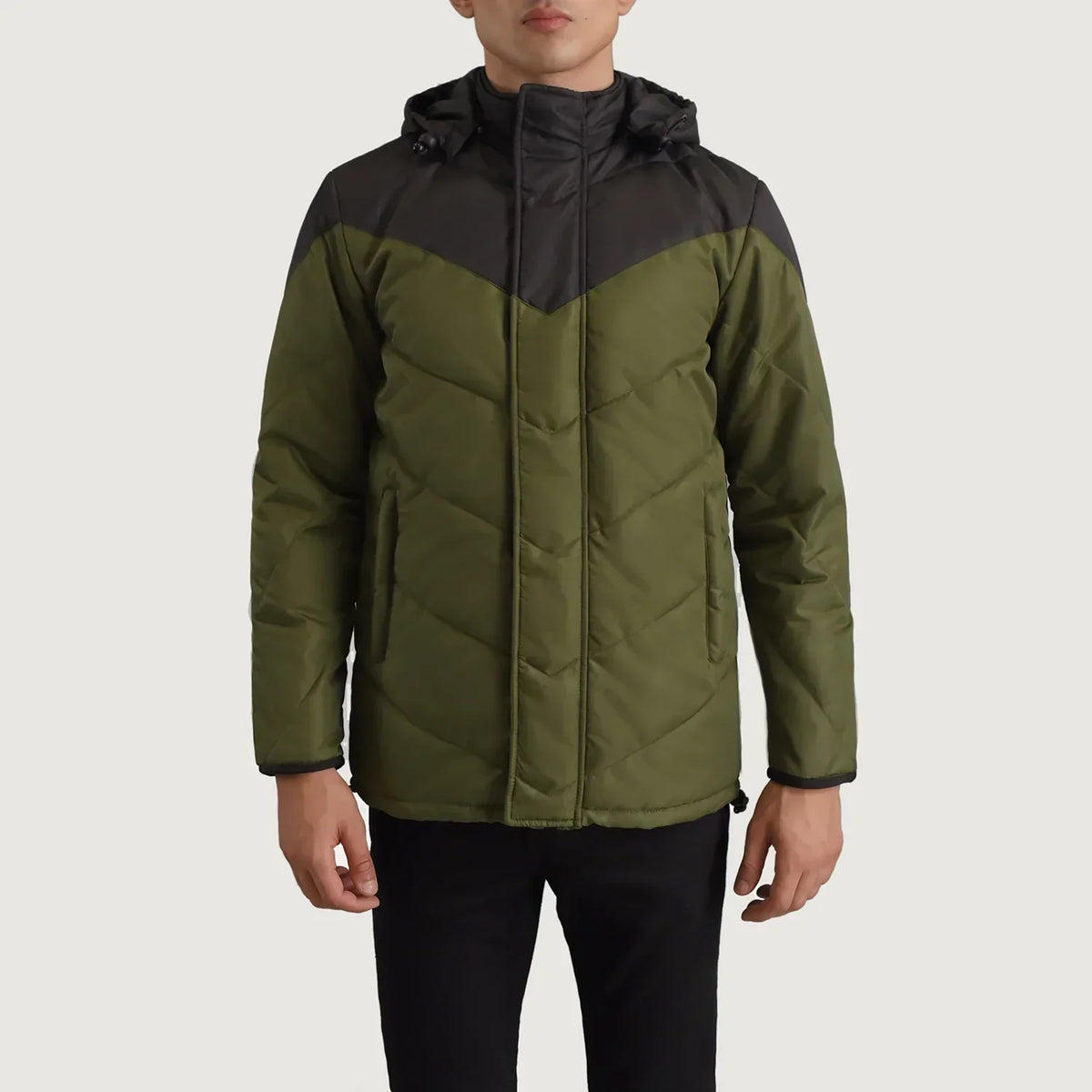 Luka Black & Green Hooded Puffer Jacket - men's jacket in black & green nylon-polyester fabric, view 4