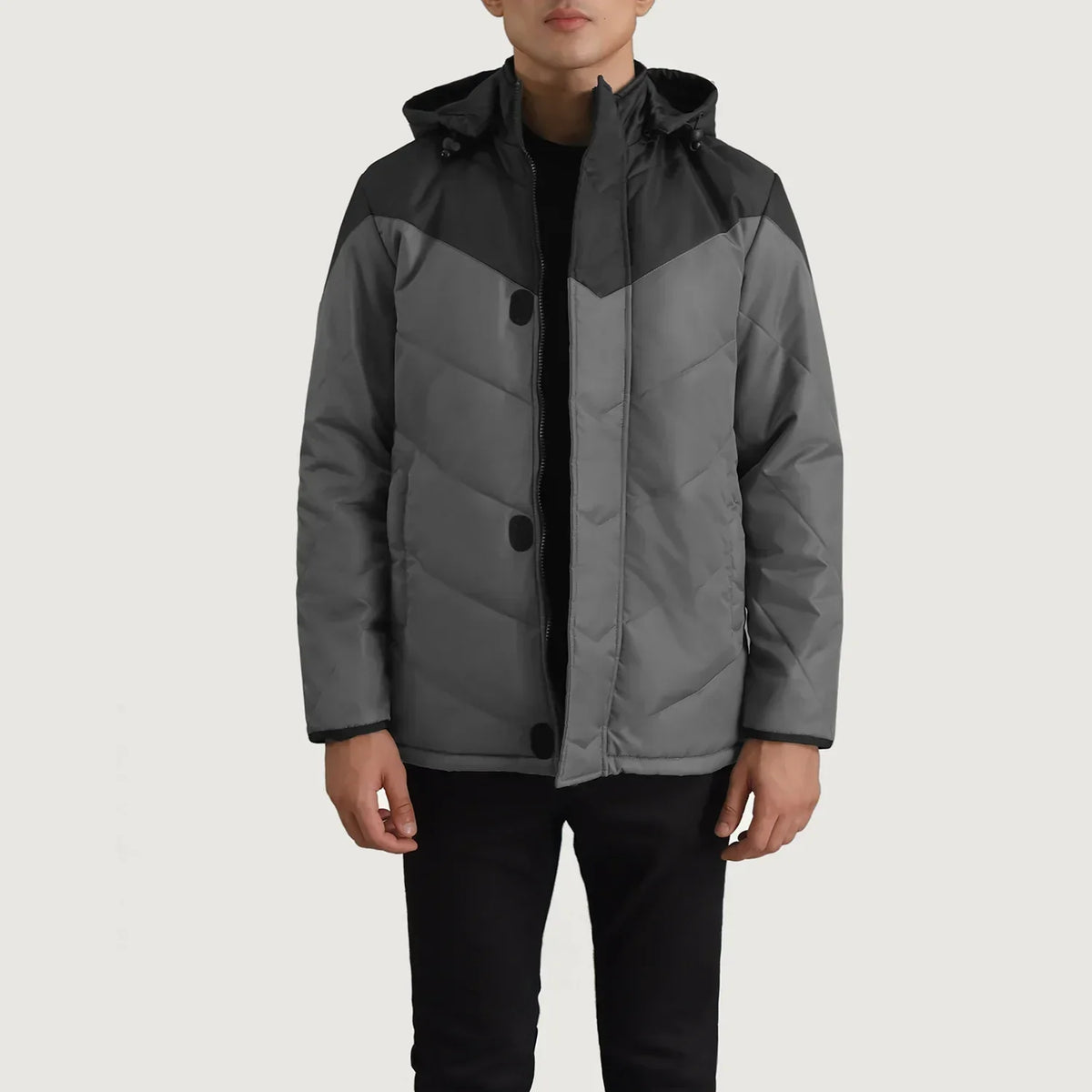 Luka Black & Grey Hooded Puffer Jacket - men's jacket in black & grey nylon-polyester fabric, view 3